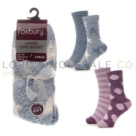 Ladies 2pk Marl Spot/Star Cosy Socks With Ribbon by Foxbury 12 x 2 Pair Pack