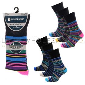 Men's 3pk Colourful Stripe Design Non-Elastic Socks by Tom Franks 4 x 3 Pair Pack