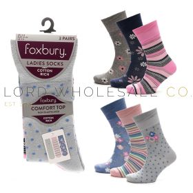 Ladies 3pk Floral Spot Design Non-Elastic Cotton Rich Socks by Foxbury 4 x 3 Pair Pack