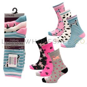 Ladies 3pk Cat & Dog Design Socks by Foxbury 4 x 3 Pair Pack