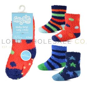 Baby Boys 2 Pack Spot/Stars/Stripes Cosy Socks With Grippers by Bertie & Bo 12 x 2 Pair Pack 