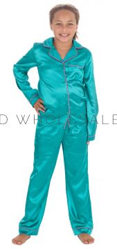 06-15C667-Girls Teal Long Sleeve Satin Pyjama Set by Slumber Party 5 Pieces