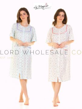 02-25448-Ladies Pleated Susan Short Sleeve Cotton Rich Button-Through Nightdress by La Marquise 8 Pieces