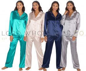 06-34B2110-Ladies Long Sleeve Satin Pyjama Sets by Slumber Party 6 Pieces