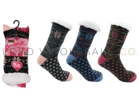 Ladies Fur Lined Fairisle/Spot Thermal Slipper Socks by Snuggle Toes 12 Pieces