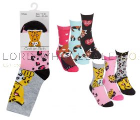 Girls 3pk Cotton Rich Animal Design Socks 12 x 3 Pair Pack