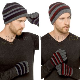 Men's Twisted Yarn Striped Knitted Hat & Glove Set by Tom Franks 6 Pieces