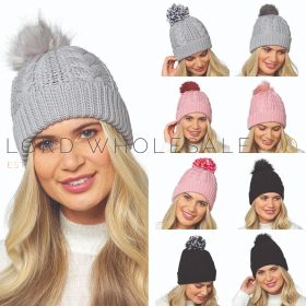 Ladies Cable Hat With 3 Detachable Pom Poms by Foxbury