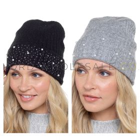 Ladies Knitted Hat With Turn Up Pearl Embellishment by Foxbury 12 Pieces