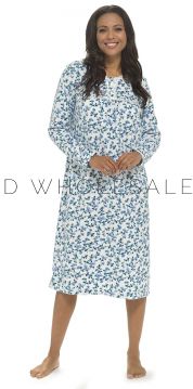 03-LN400-Ladies Soft Touch Polar Fleece Blue Floral Long Sleeve Nightdress by Wolf & Harte 6 Pieces