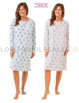 Ladies 100% Cotton Champagne Floral 40" Long Sleeve Nightdress by Marlon