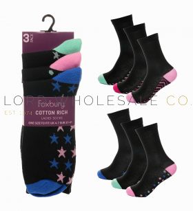 Ladies 3pk Stars/Zig Zag Heel & Toe Design Cotton Rich Socks by Foxbury
