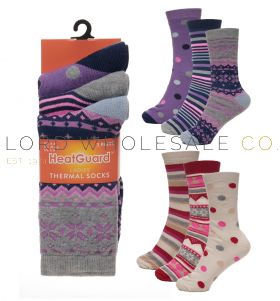 Ladies Assorted Heart/Stripes Design Thermal Socks by Heatguard 4 x 3 Pair Packs