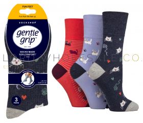 06-SOLRF107G3-Ladies Fun Feet Cat Person Gentle Grip Socks by Sock Shop 4 x 3 Pair Pack 