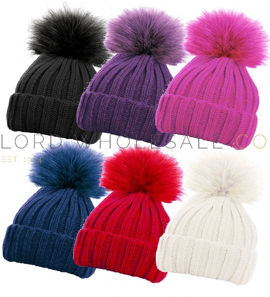 Girls Chunky Ribbed Hats With Detachable Bobble by Rock Jock 12 pieces ...